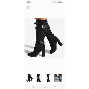 New 9.5E Extra Wide Shoe Dazzle Black Rangi Lace Up Chunky High Heel Boots